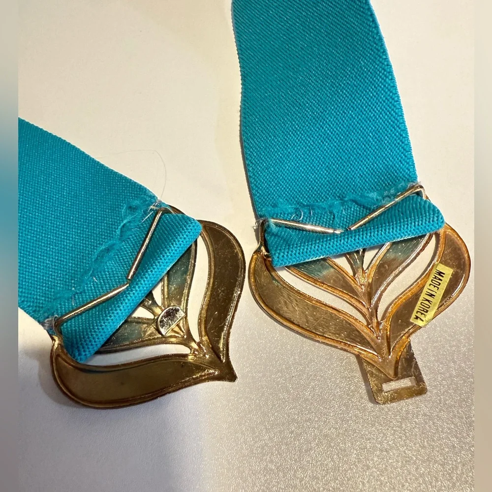 1980's Stretch Belt Blue with Enamel Leaf Flame Buckle Adjustable Size